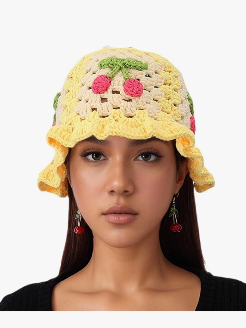 Bucket Hats for Women Crochet Handmade Strawberry Hat with Earrings - Picture 2 of 4